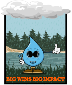 An illustration of sunny the rain drop standing outside in the rain with the caption BIG WINS BIG IMPACT at the botom.