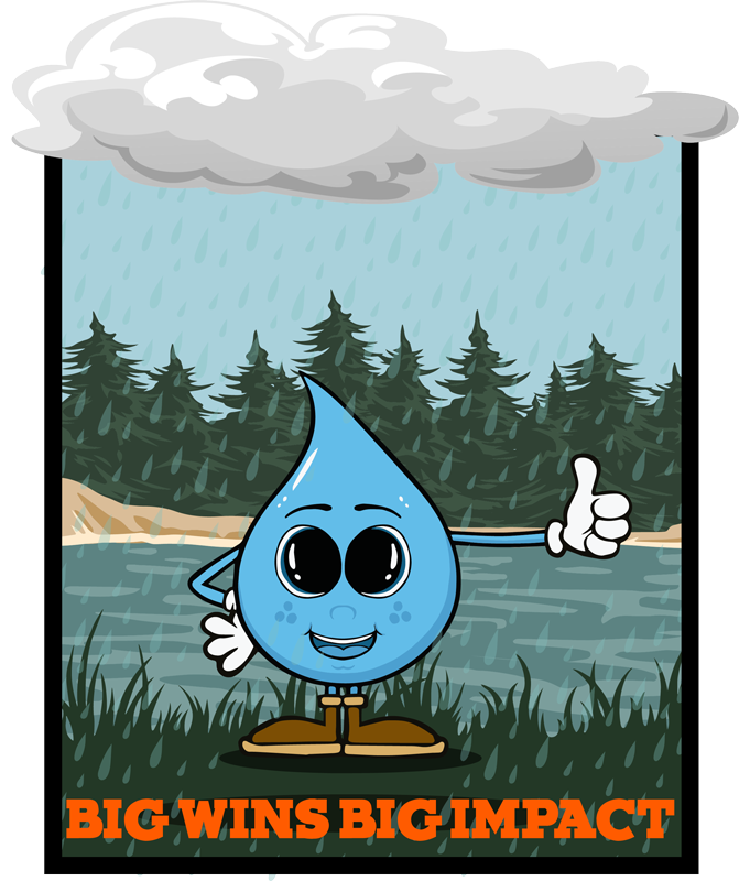 An illustration of sunny the rain drop standing outside in the rain with the caption BIG WINS BIG IMPACT at the botom.